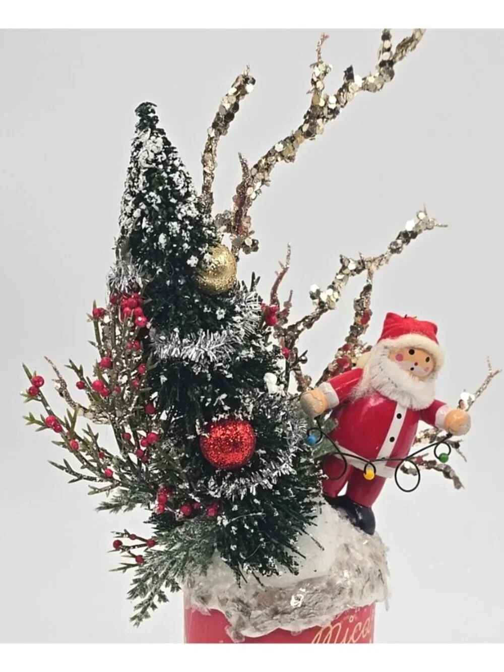 OOAK Christmas Assemblage Art Vtg Kitschy Bottle Brush Tree Wooden Santa Mica